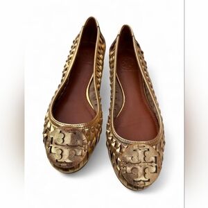 Tory Burch Gold Woven Logo Leather Ballet Flats Women's Size 6.5